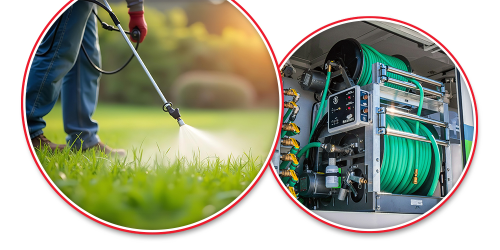 Side by side images of two reels mounted on a truck and a close up of a pesticide application being sprayed on a lawn
